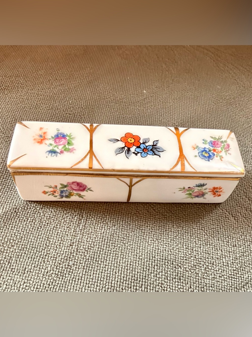 Floral Porcelain Trinket Box in White with Gold Accents